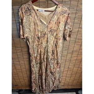 Nostalgia Vintage Floral Lace Midi Dress Gold Metallic Crochet V-Neck Brown L
